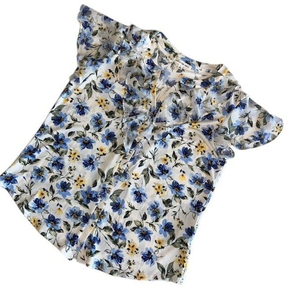Perseption Concept Floral Ruffle Blouse Button Down Top Short Sleeve Size L‎ - Picture 2 of 16